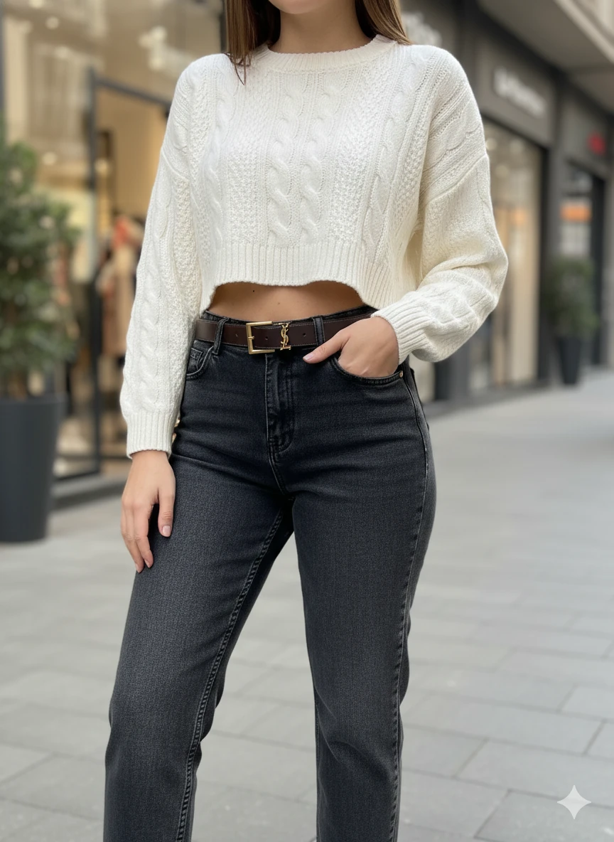 Kadın Yüksek Bel Mom Jean Kesik Paça Detaylı Gold Tokalı Kemerli Düz Kesim Denim