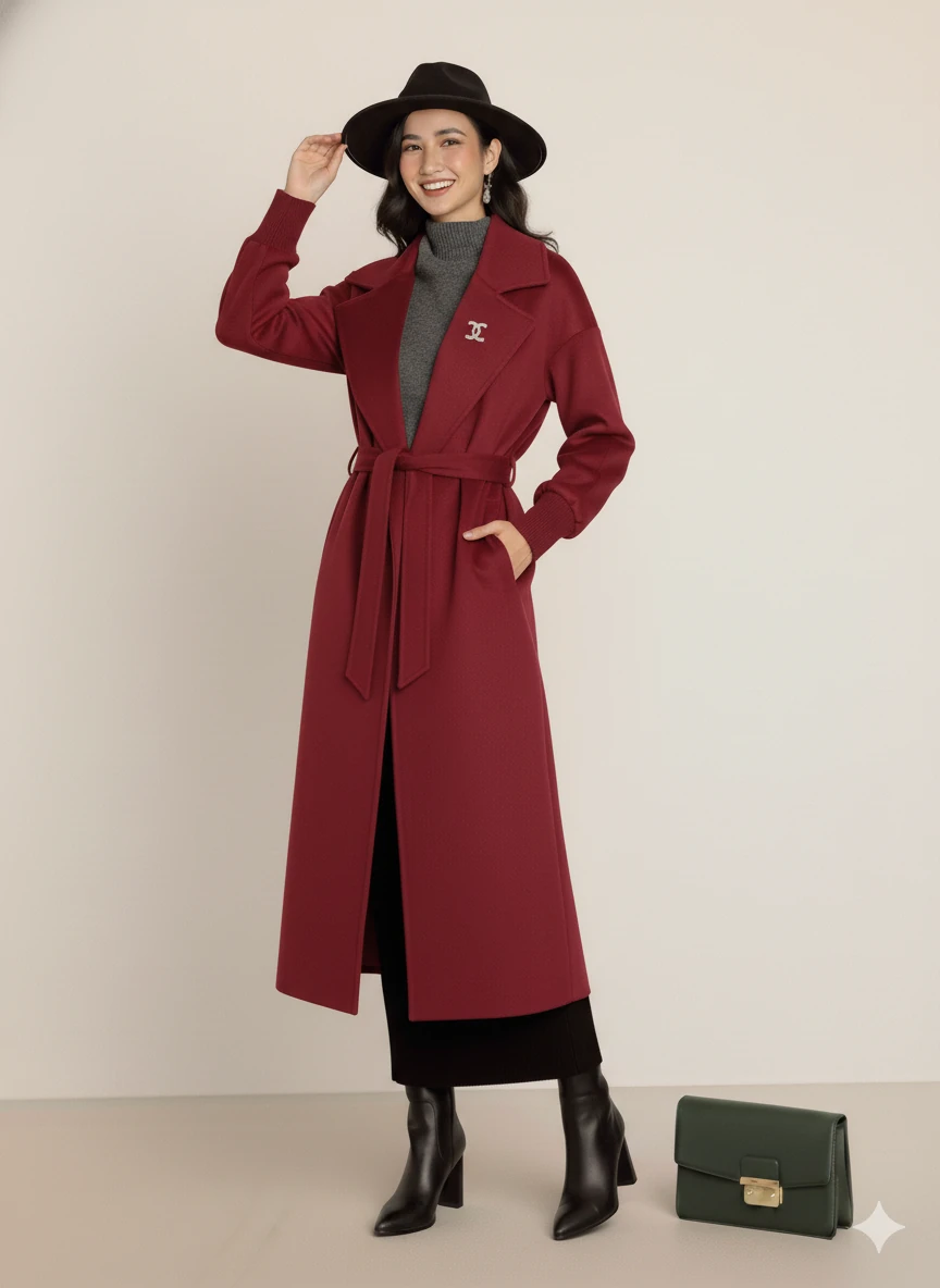 Kadın Siyah Kaşe Uzun Kaban Maksi Boy Palto Geniş Yakalı Düz ​​Kesim Kışlık  - Bordo