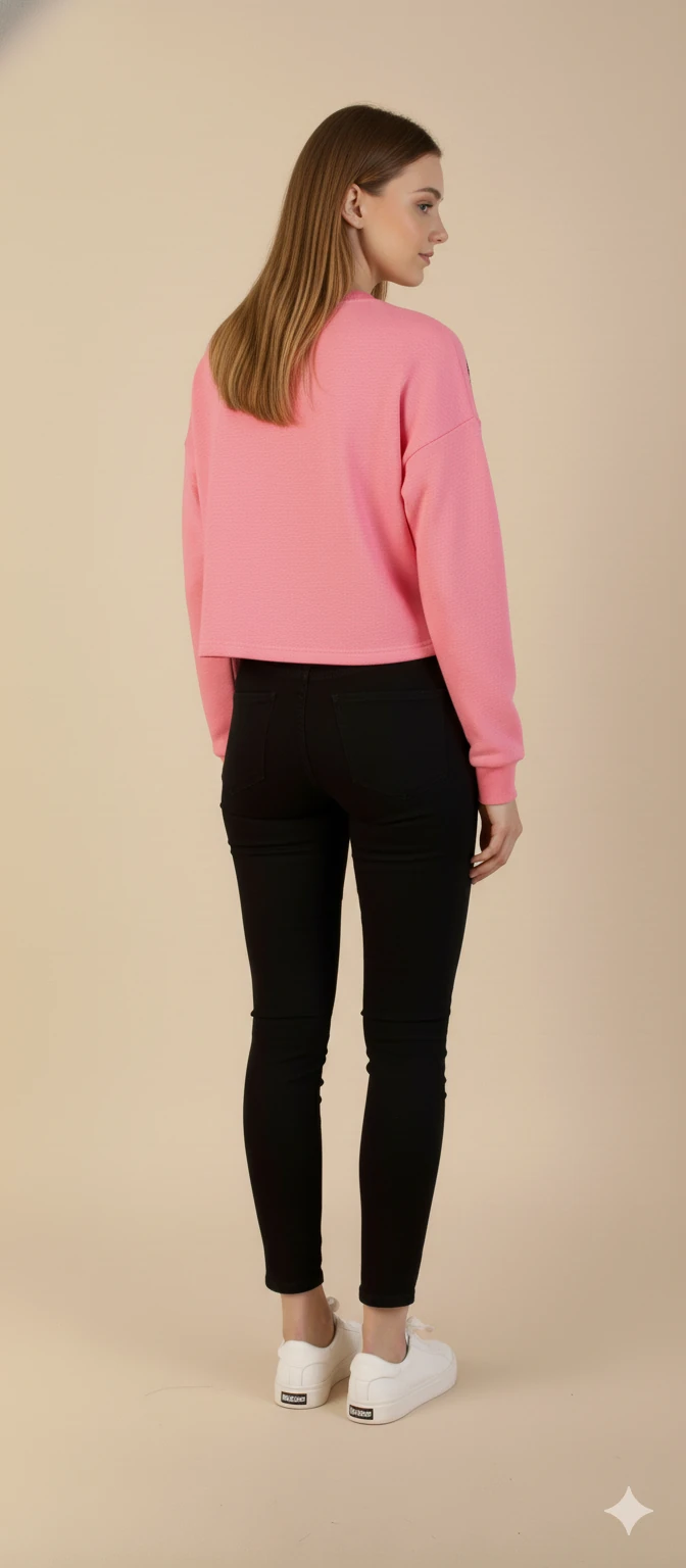 Kadın Labubu Karakter Yama Detaylı Crop Sweat Bisiklet Yaka Uzun Kollu Kısa Sweat - Pembe