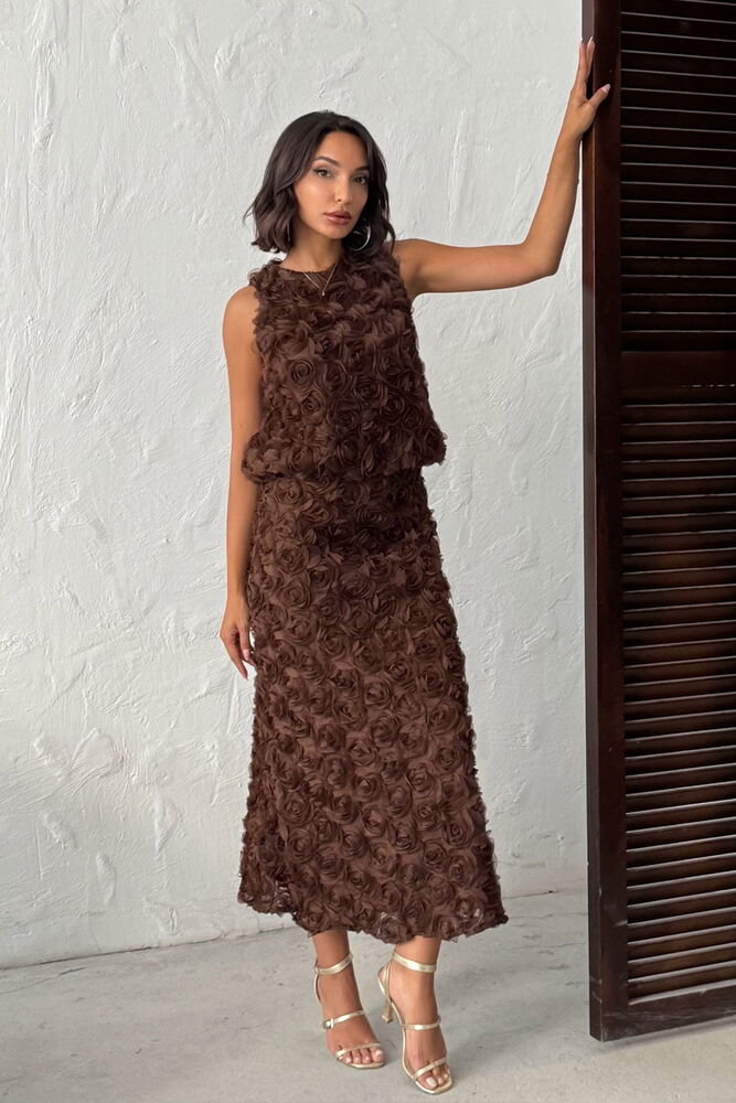 Gül Desenli Tül  Etek - Kahverengi