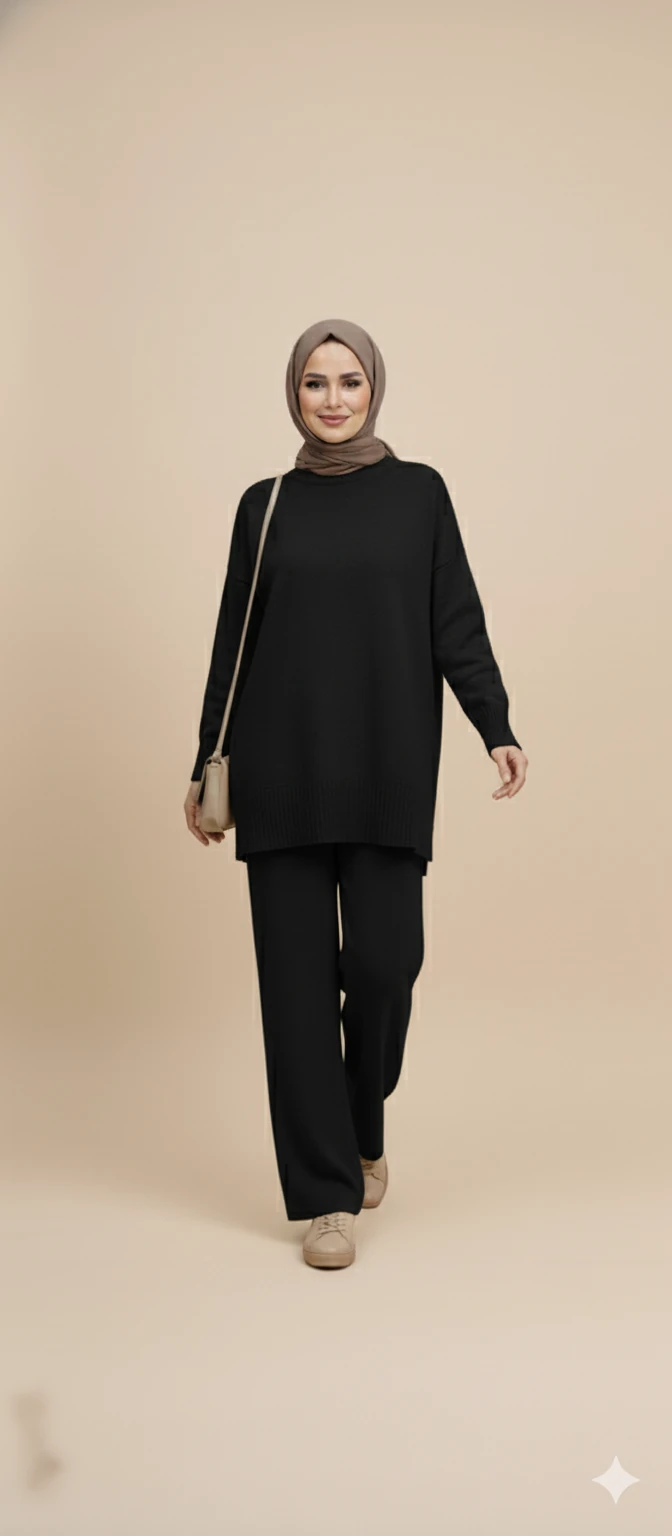Triko Tunik Pantolon Tesettür Takım - Siyah