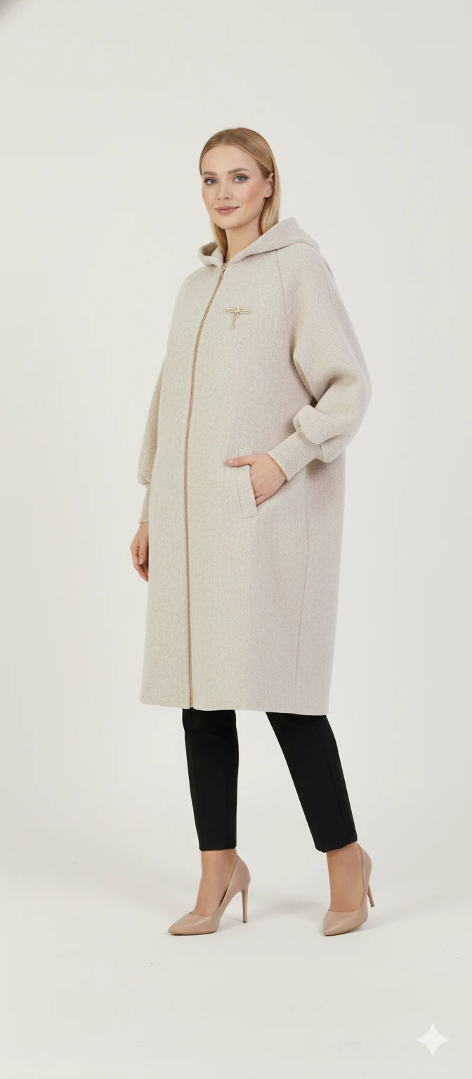 Kadın Gri Kapüşonlu Balon Kol Fermuarlı Kaban Oversize Midi Boy Kışlık Kaşe Mont - Taş