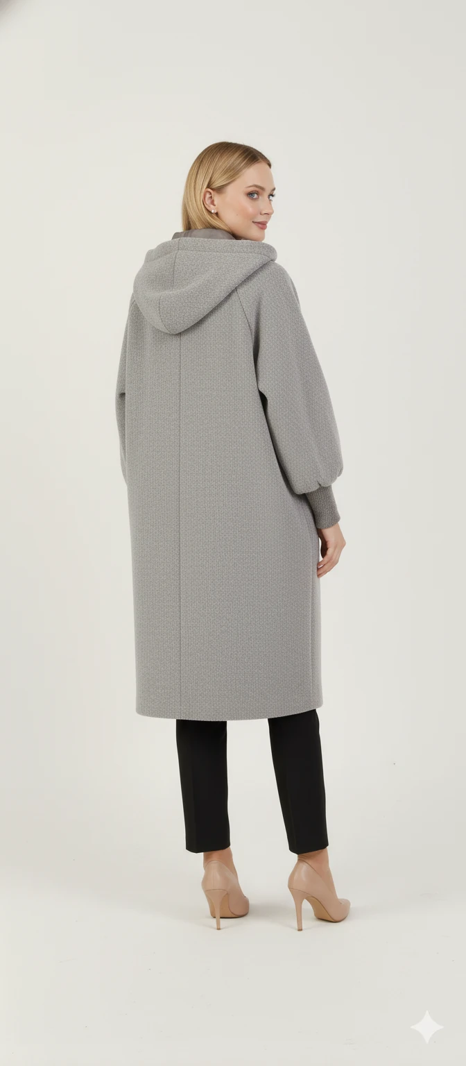 Kadın Gri Kapüşonlu Balon Kol Fermuarlı Kaban Oversize Midi Boy Kışlık Kaşe Mont - Gri