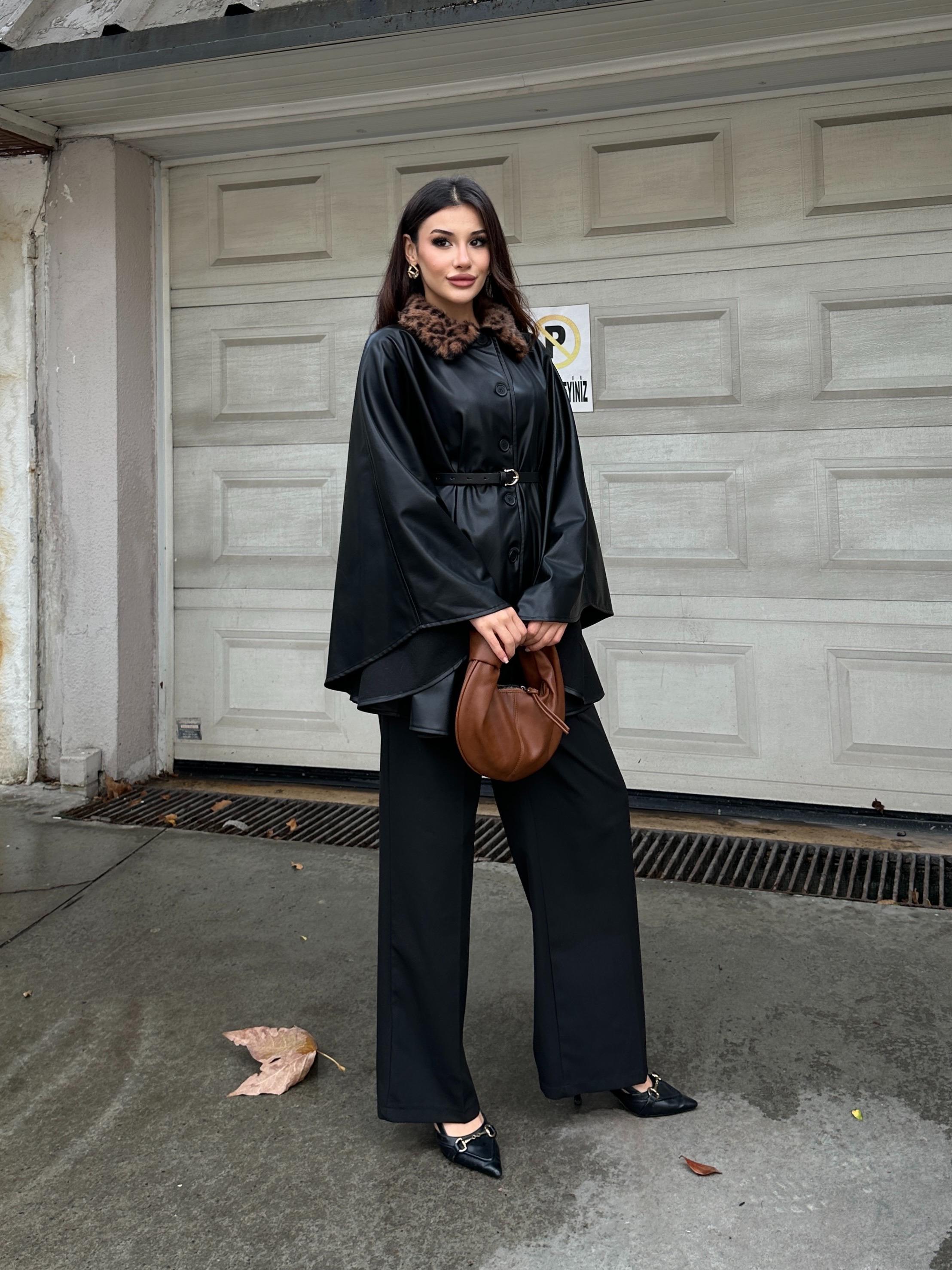 Leopar Kürk Yaka Deri Görünümlü Düğmeli Kemerli Abiye Panço Ceket Siyah - Siyah