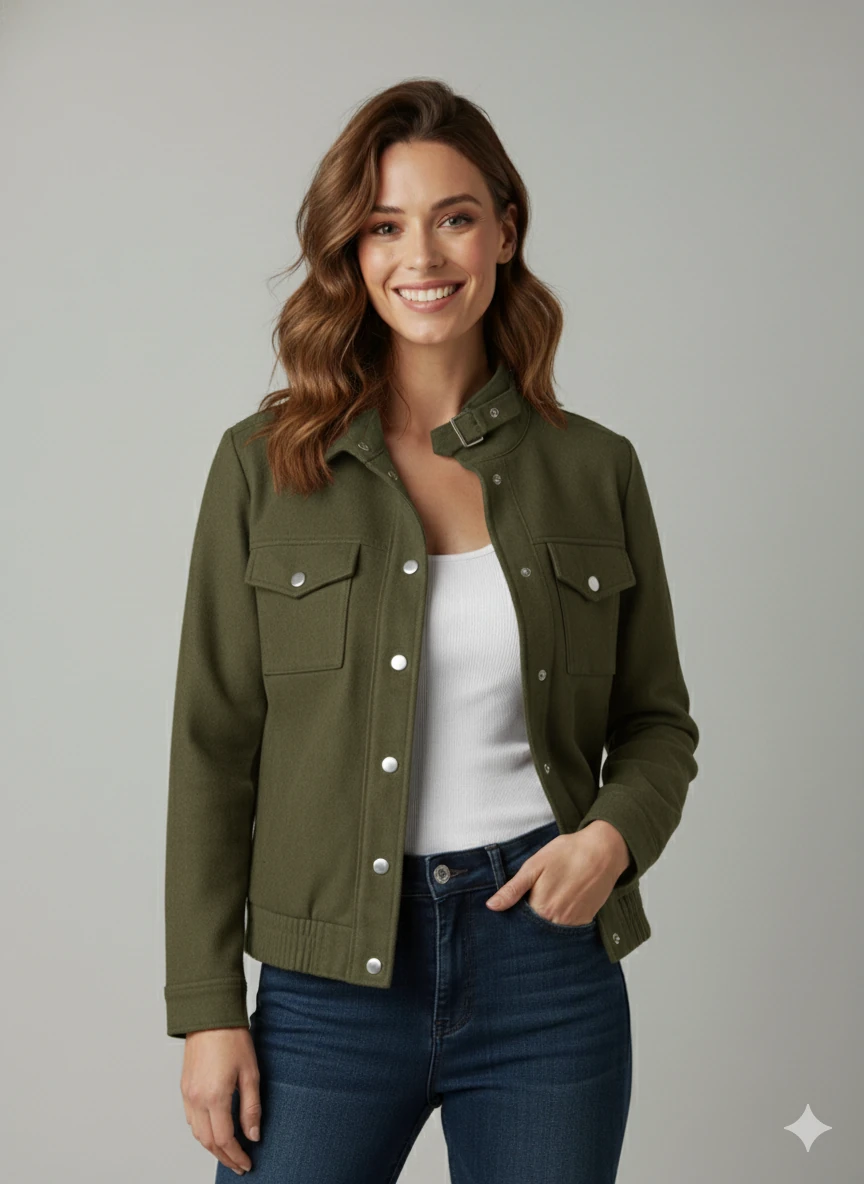 Kadın Taba Zarif Kısa Ceket Toka Detaylı Dik Yaka Cepli Süet/Kaşe Baharlık Ceket - Haki Yeşili