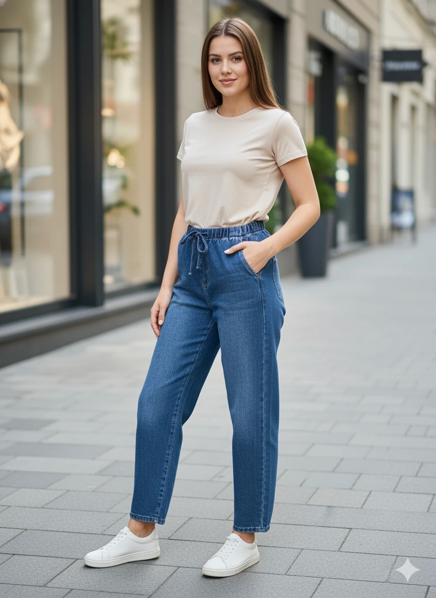 Kadın Beli Lastikli Kot Pantolon Bağcıklı Jogger Model Rahat Kesim Mavi Denim Jean