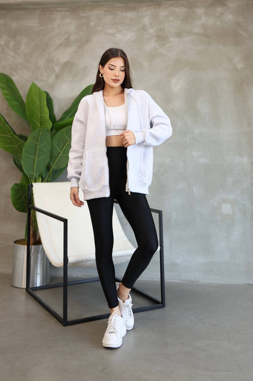 Kadın Genç Unisex Cepli Kapüşonlu Fermuarlı Sweatshirt Hırka - Gri