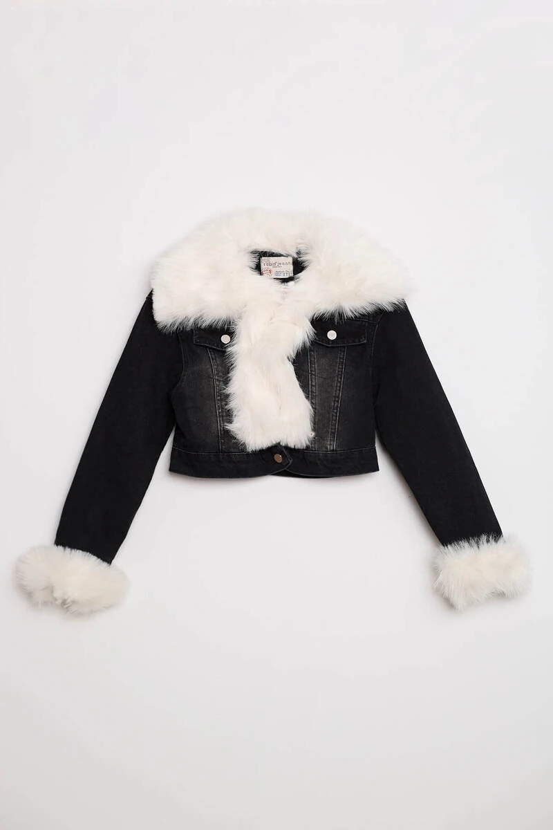 Siyah Kot Suni Kürk Yaka Manşetli Mont