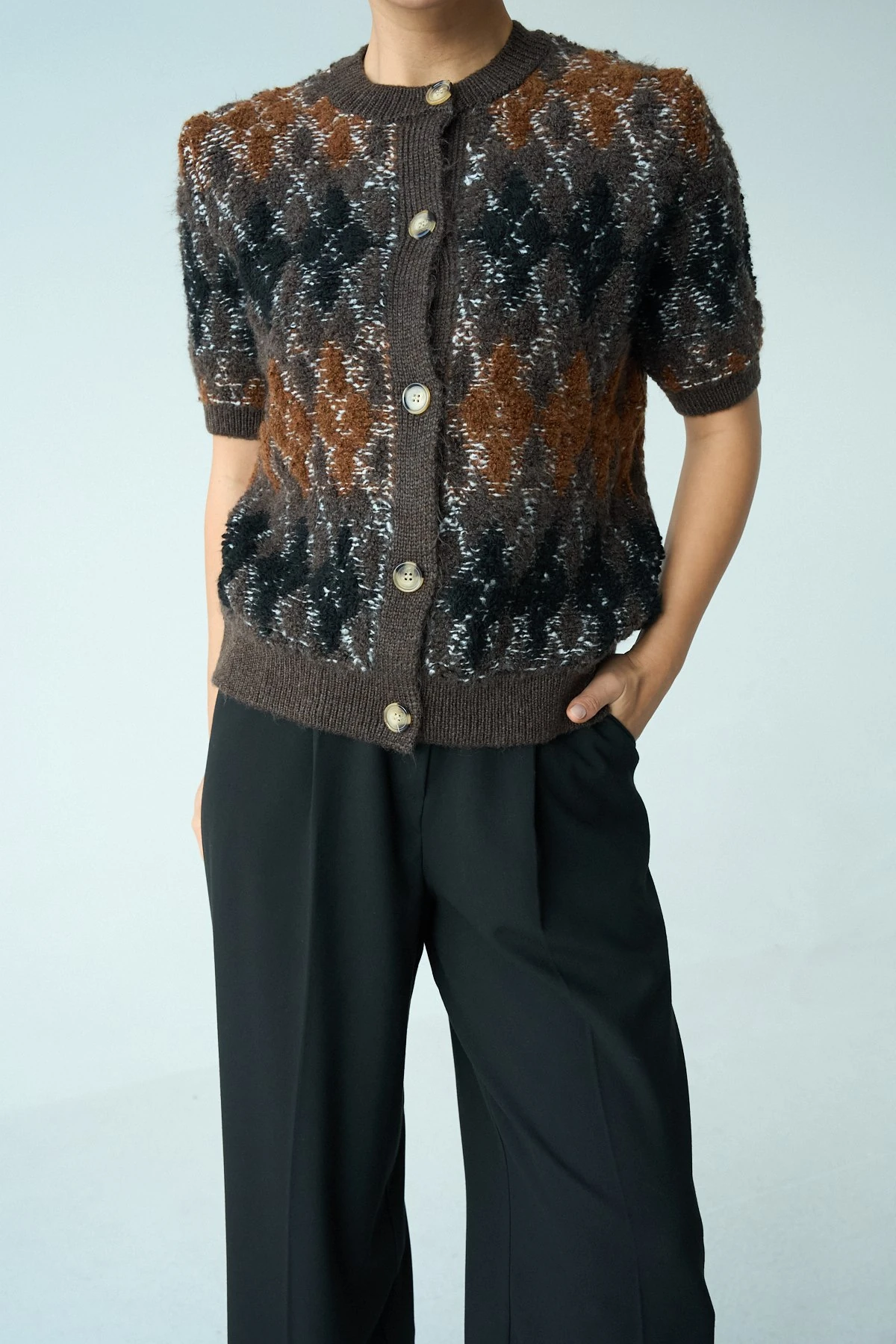 Kısa Kollu Argyle Desenli Triko Hırka