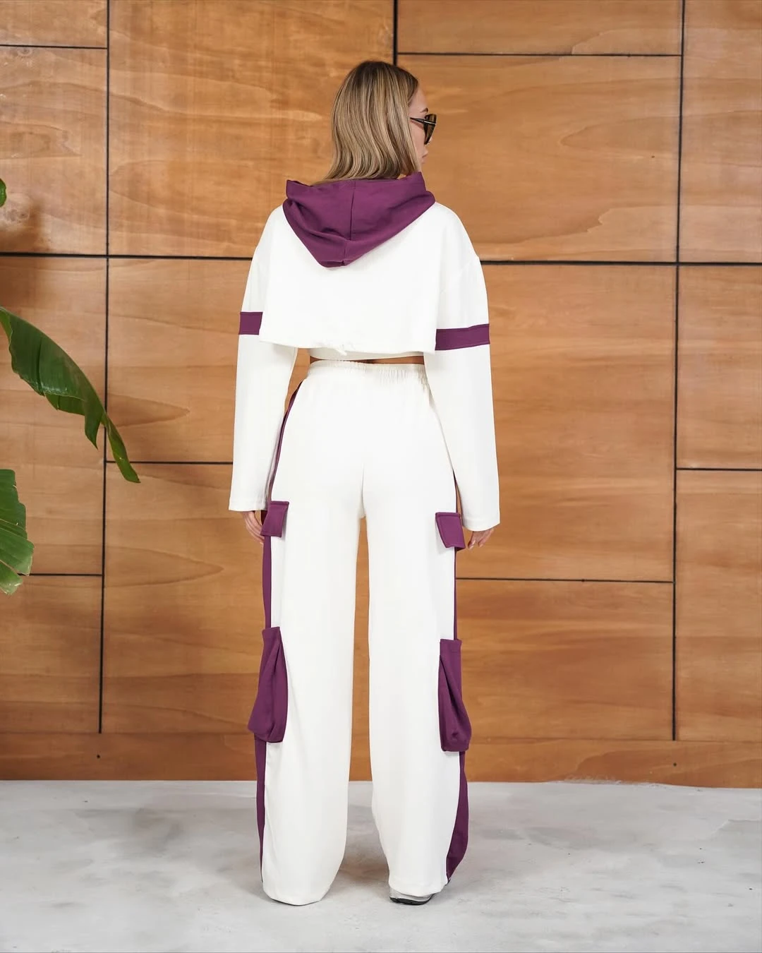 Cemo Kontrast Bloklu Bol Paça Eşofman Takımı Seti - Ekru-Mor