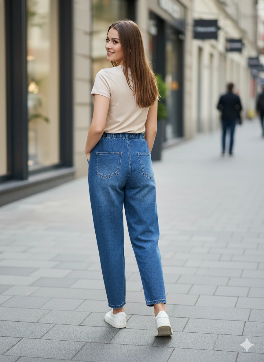 Kadın Beli Lastikli Kot Pantolon Bağcıklı Jogger Model Rahat Kesim Mavi Denim Jean