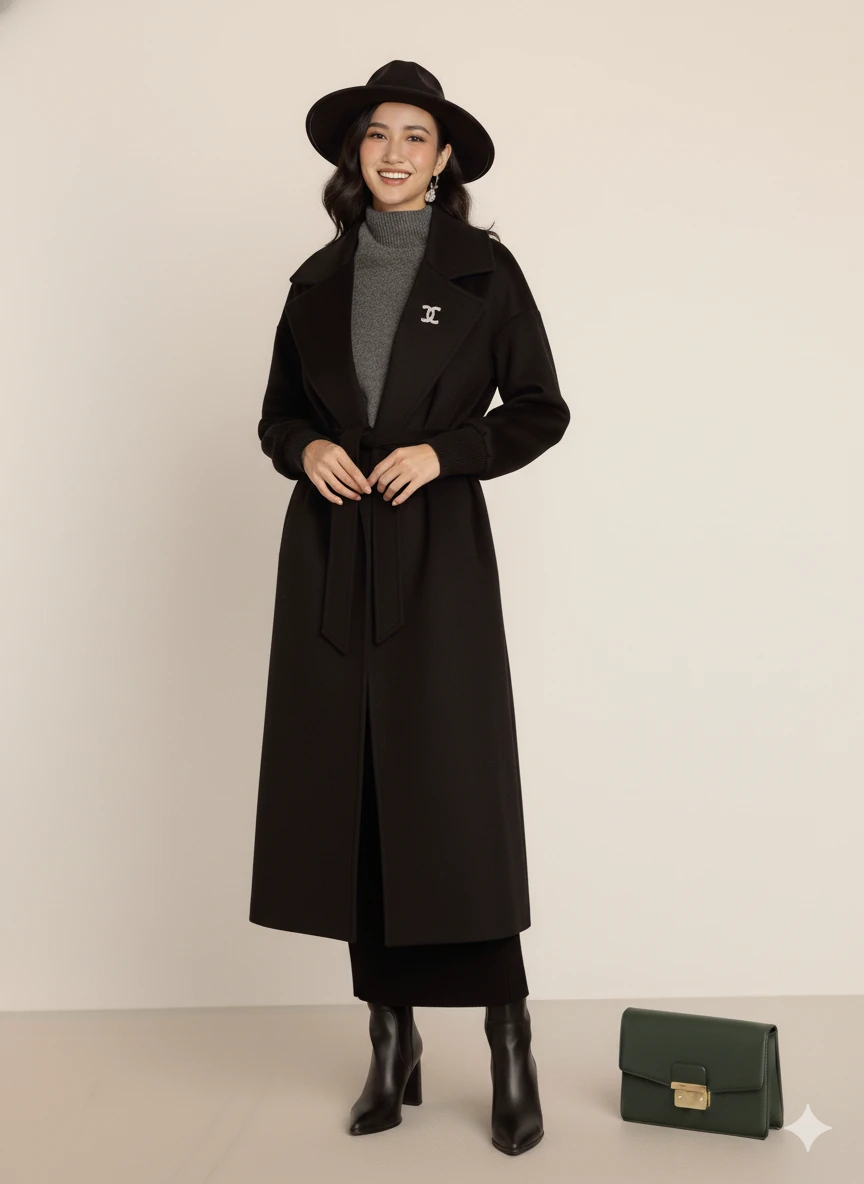 Kadın Siyah Kaşe Uzun Kaban Maksi Boy Palto Geniş Yakalı Düz ​​Kesim Kışlık  - Siyah