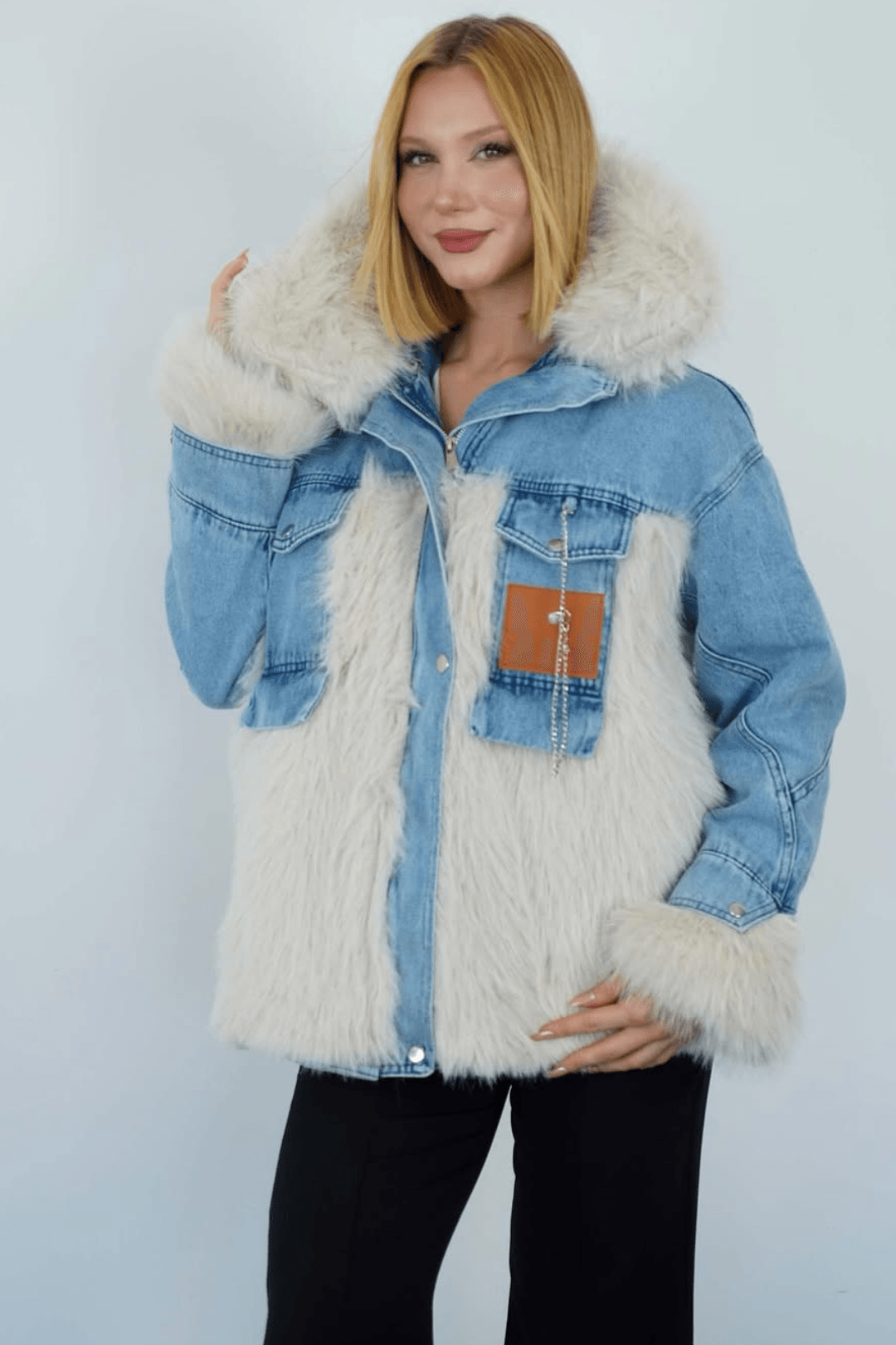 Kadın Kürk Detaylı Kemerli Denim Ceket