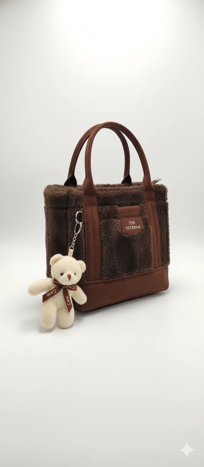 Kürk ve Teddy Ayıcıklı Tüylü Mini Tote Çanta - Koyu Kahve