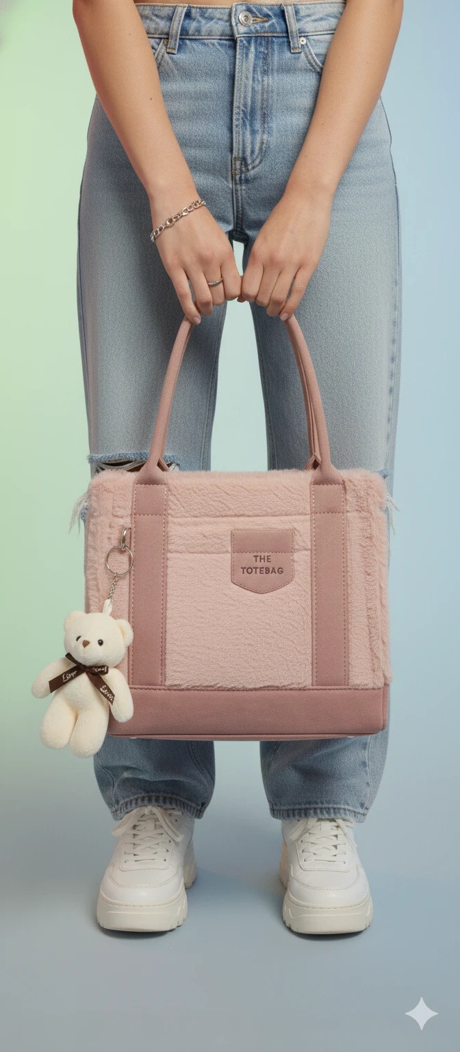 Kürk ve Teddy Ayıcıklı Tüylü Mini Tote Çanta - Pembe