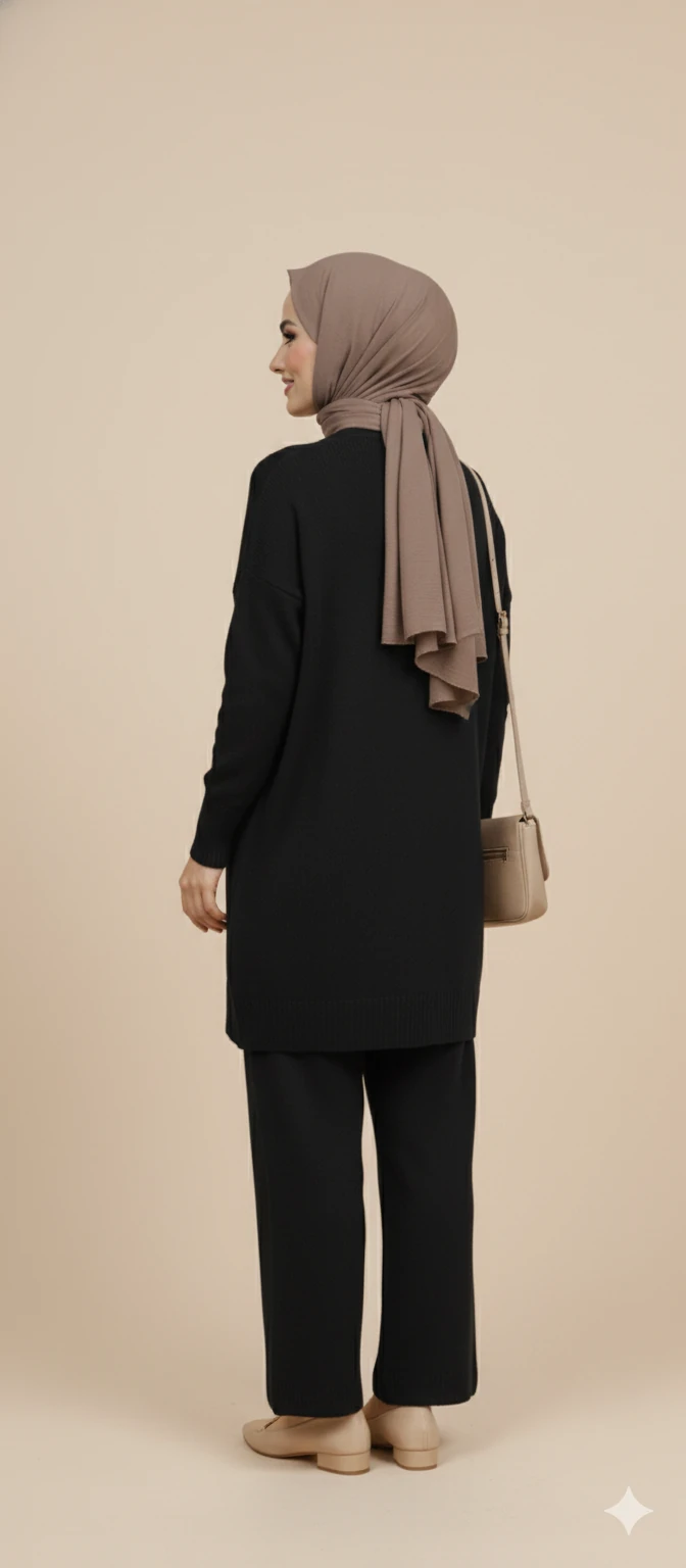 Triko Tunik Pantolon Tesettür Takım - Siyah