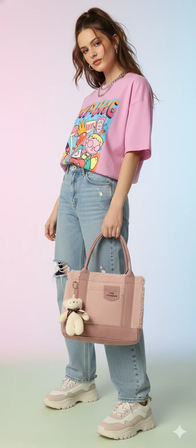 Kürk ve Teddy Ayıcıklı Tüylü Mini Tote Çanta - Pembe