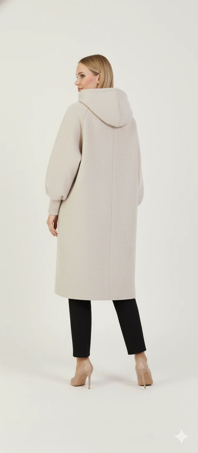 Kadın Gri Kapüşonlu Balon Kol Fermuarlı Kaban Oversize Midi Boy Kışlık Kaşe Mont - Taş