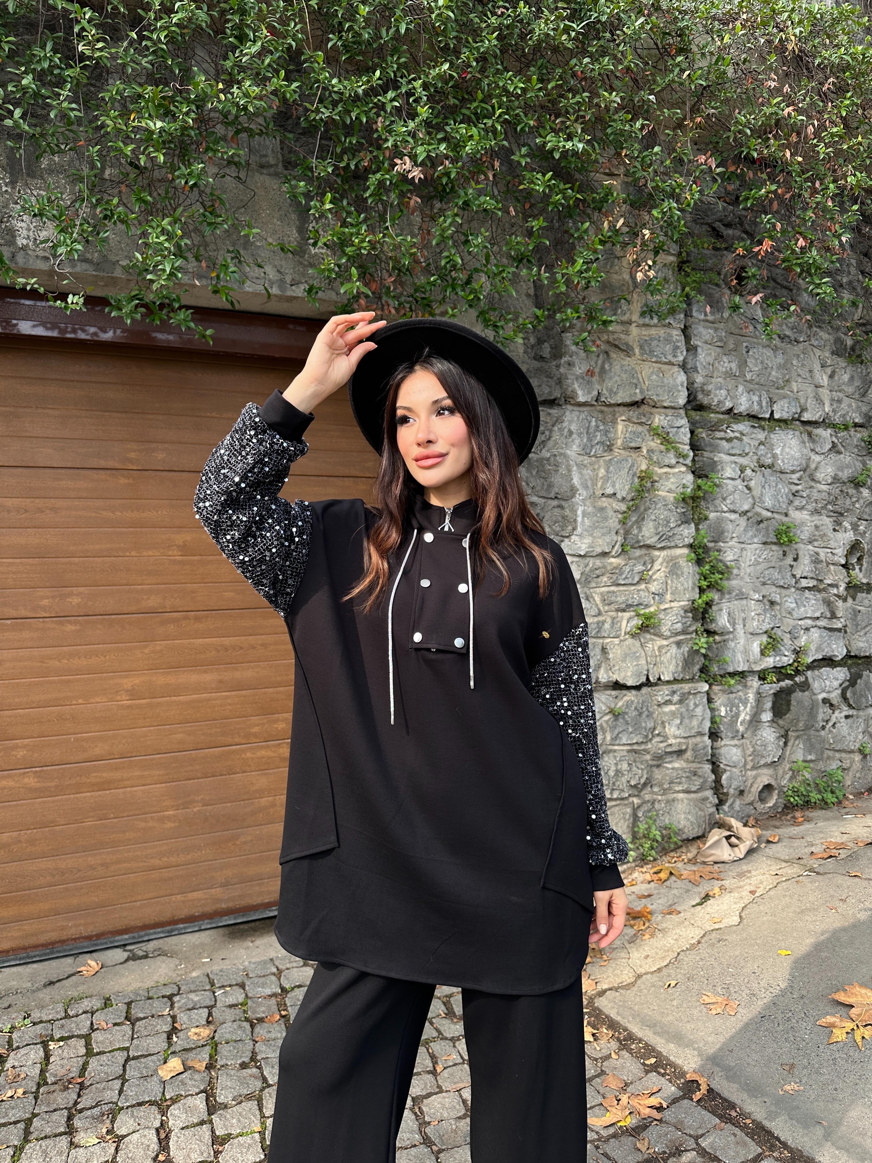 Kadın Siyah Payetli Kol Detaylı Uzun Tunik Kazak Yarım Fermuarlı Bol Kesim