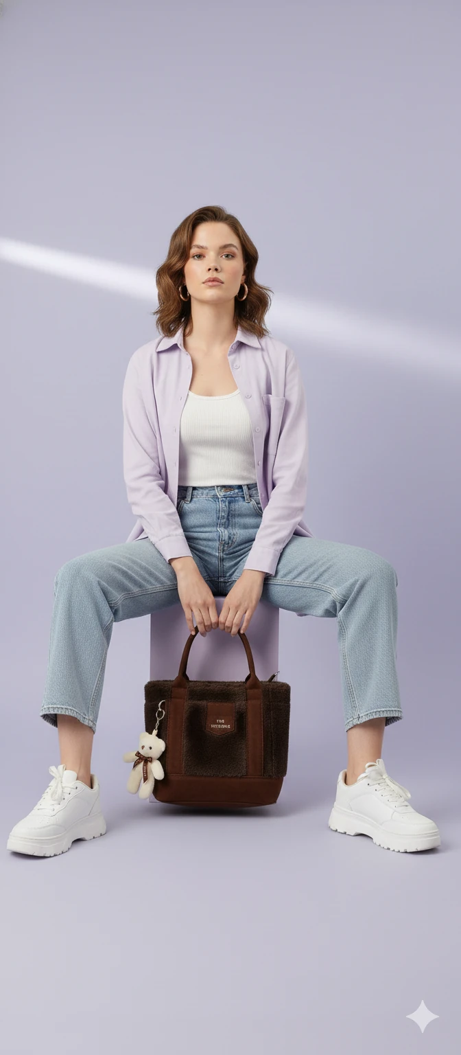 Kürk ve Teddy Ayıcıklı Tüylü Mini Tote Çanta - Koyu Kahve