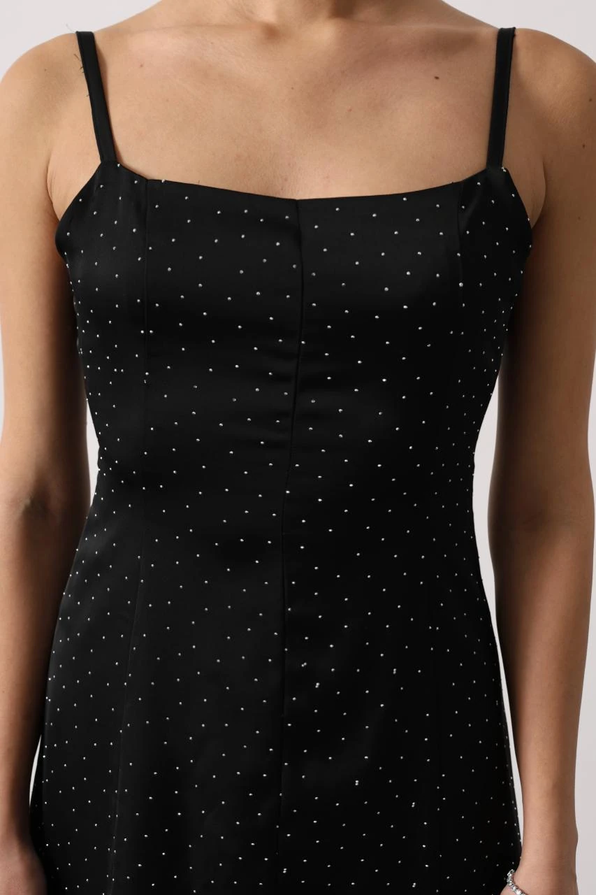 Askılı Mini Elbise Taş Detaylı İnce Askılı