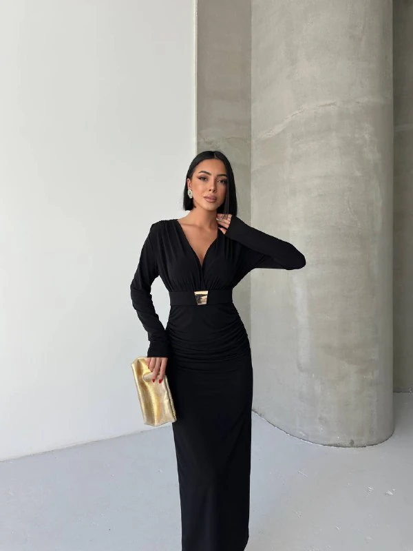 KRUVAZE AKSESUARLI MAXİ ELBİSE - Siyah