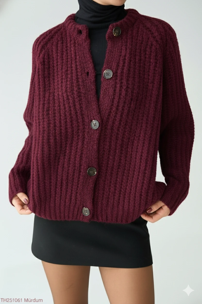 Kalın Örgü Oversize Triko Kazak - Mürdüm