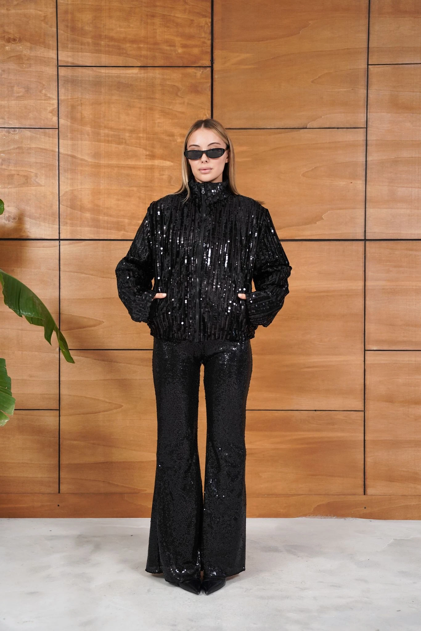 Cemo Full Pul Payetli Siyah Fermuarlı Bomber Ceket