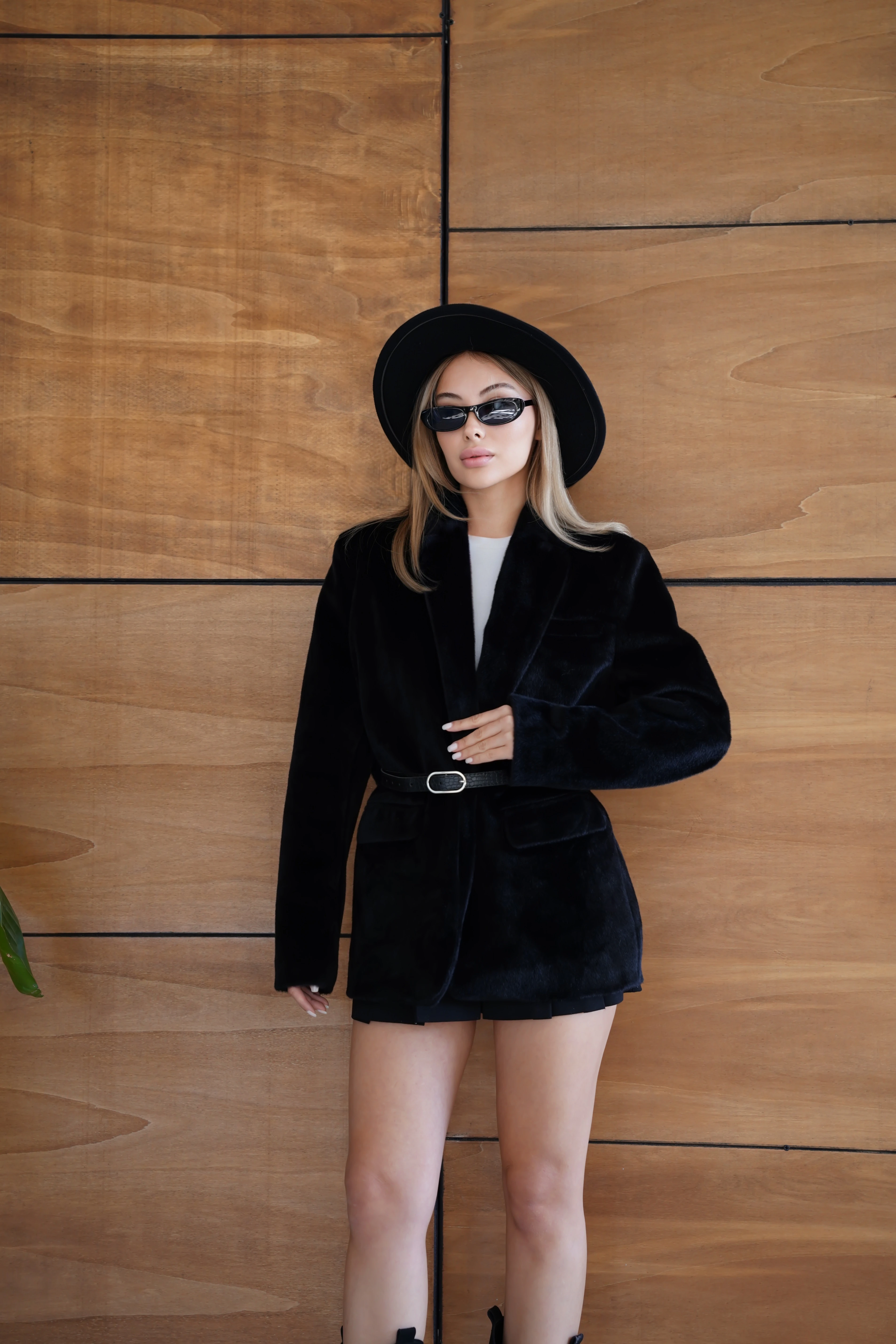 Suni Kürk Uzun Kollu Astarlı Blazer Ceket Kışlık Şık Kadın Peluş Ceket - Siyah