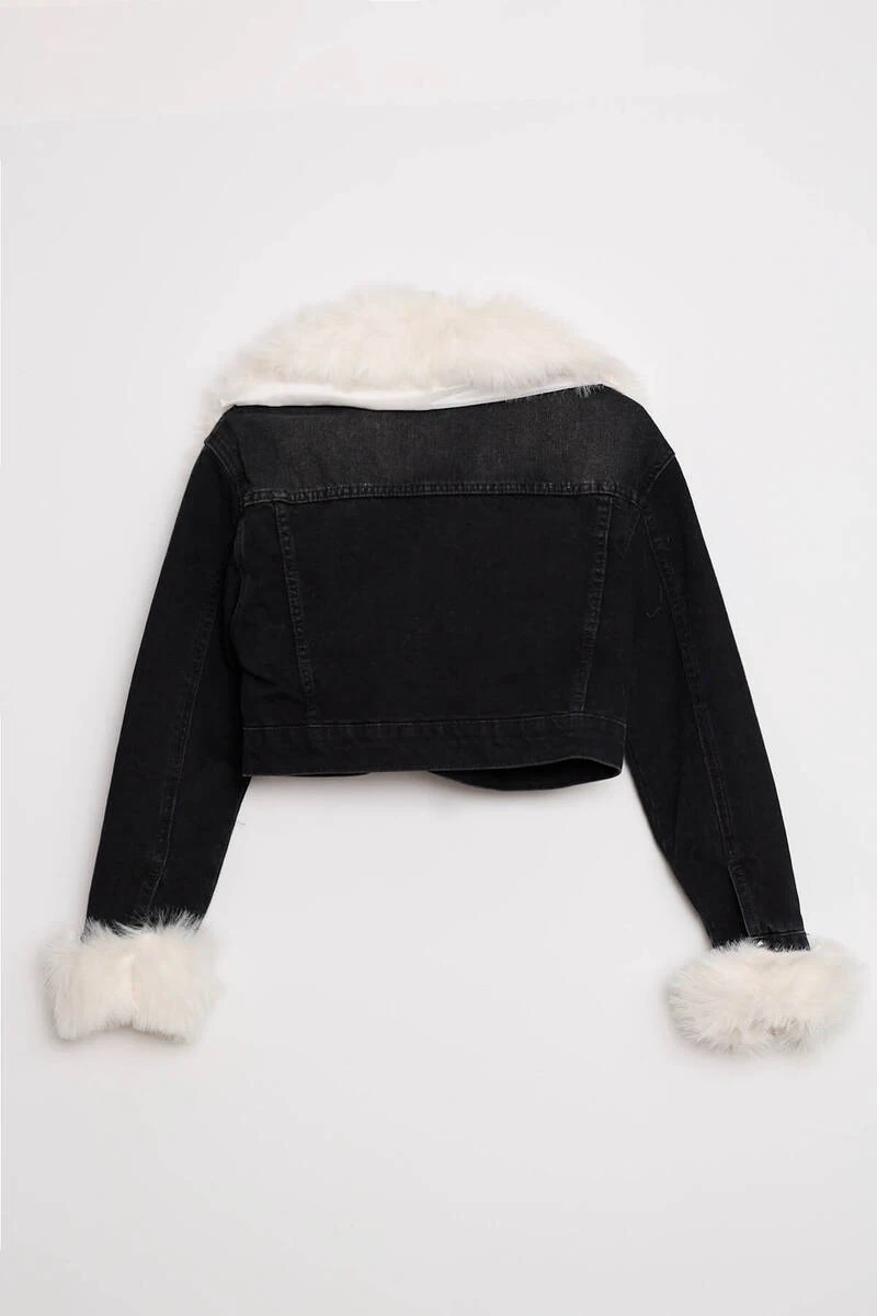 Siyah Kot Suni Kürk Yaka Manşetli Mont