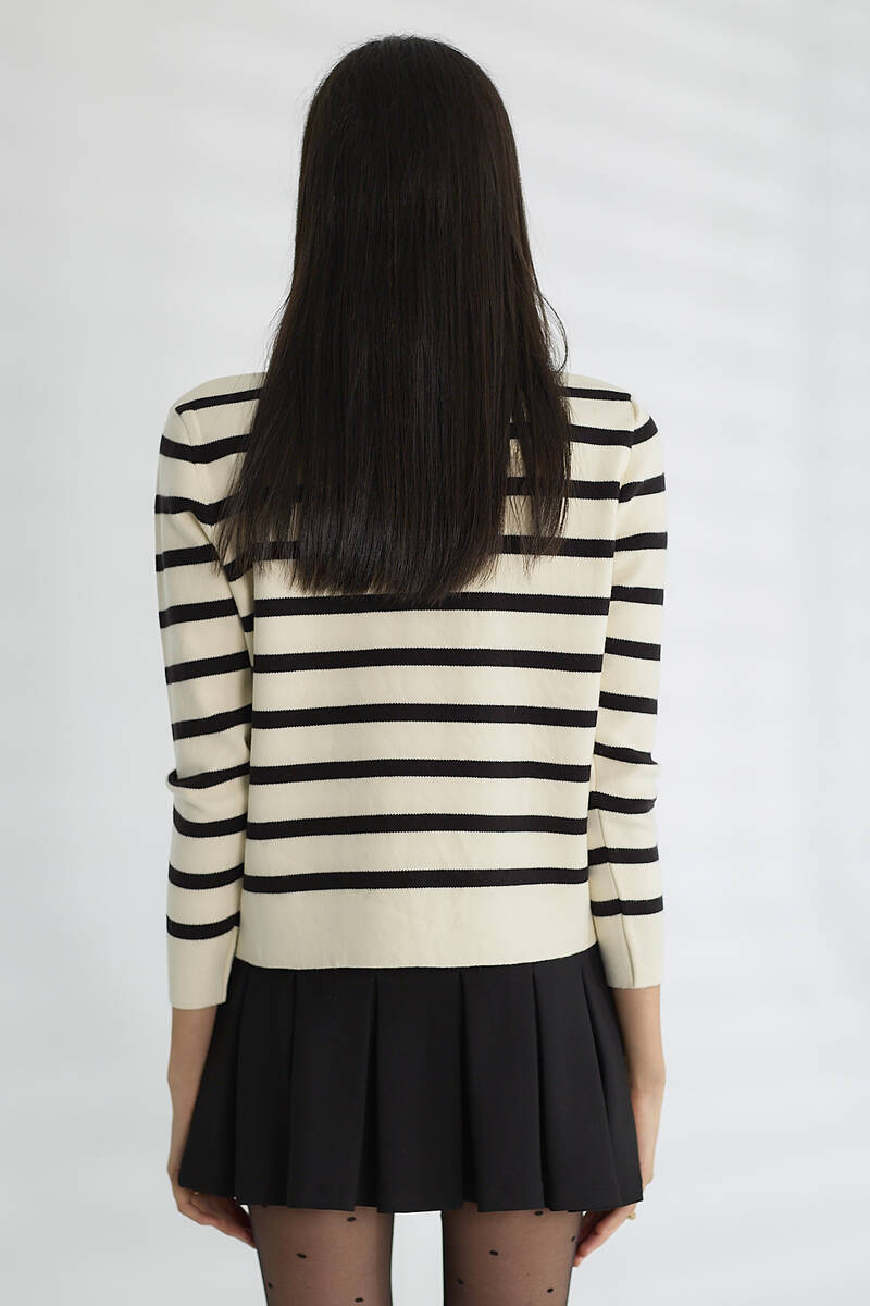 Cemo Basic Düğmeli Çizgili Uzun Kollu İnce Triko - Taş-Kahve