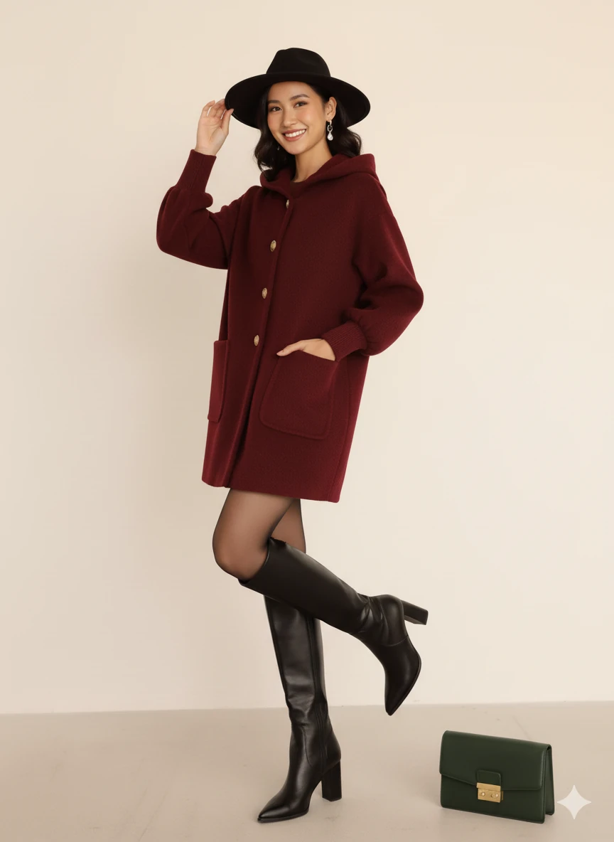 Kadın Oversize Bol Kesim Diz Üstü Siyah Kaban Büyük Cepli Yünlü Kumaş Kapüşon Detaylı - Bordo