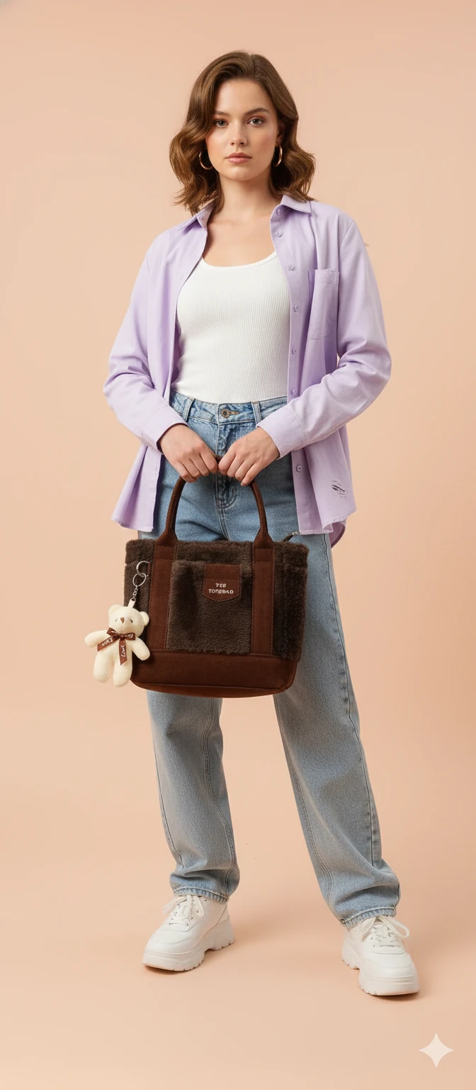 Kürk ve Teddy Ayıcıklı Tüylü Mini Tote Çanta - Koyu Kahve