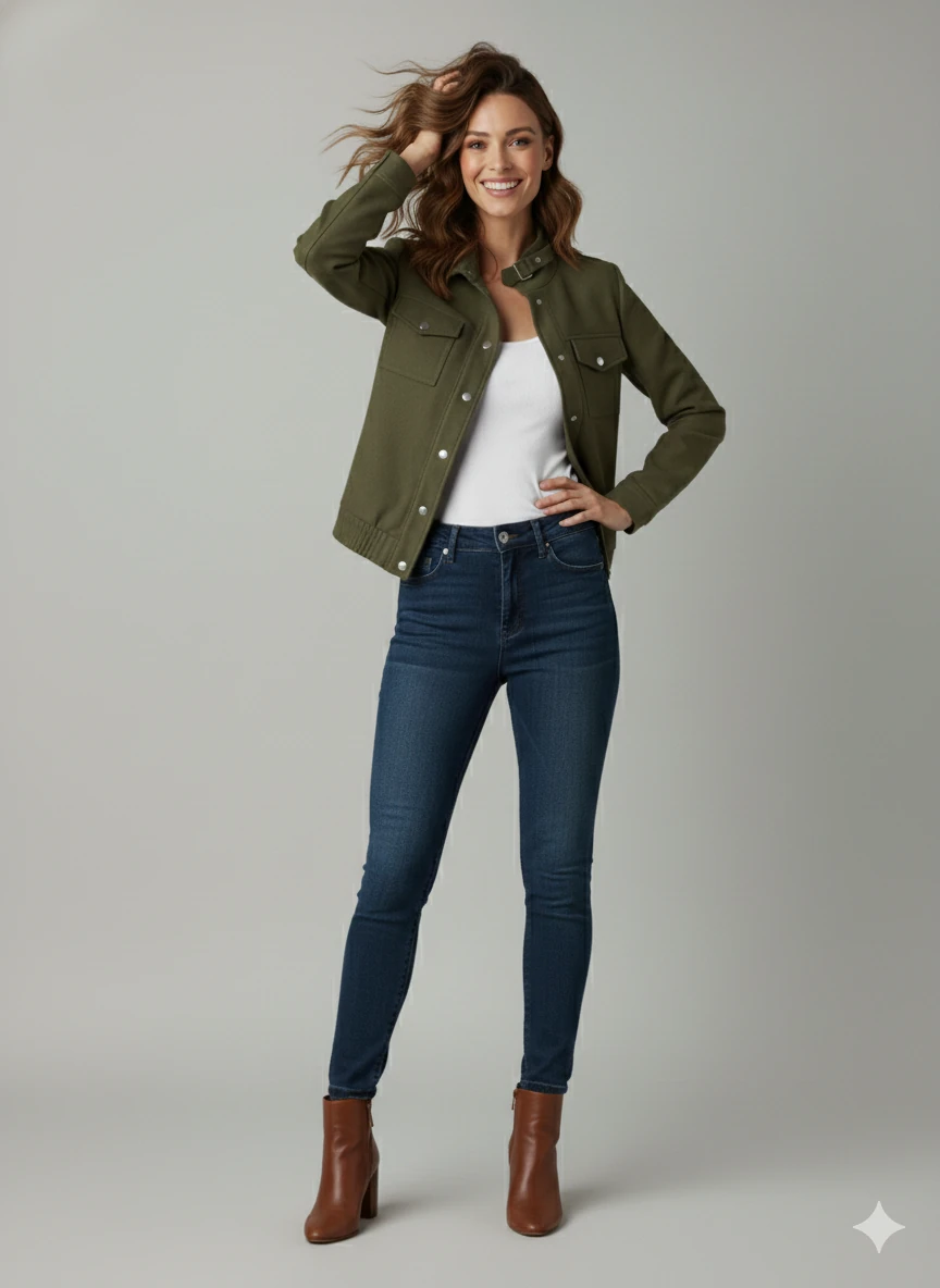 Kadın Taba Zarif Kısa Ceket Toka Detaylı Dik Yaka Cepli Süet/Kaşe Baharlık Ceket - Haki Yeşili