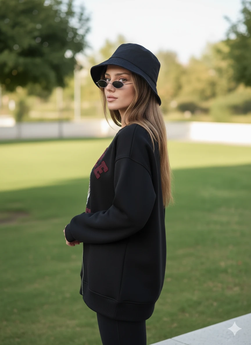 Fermuarlı Leopar Baskılı Oversize Siyah Sweat
