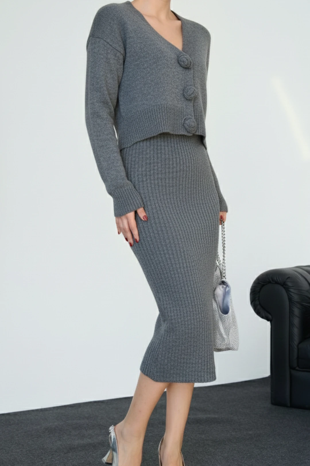 Kadıni Örgü Kısa Hırka Kazak - Gri