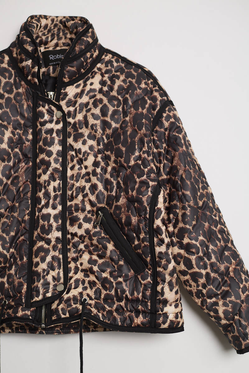 Kadın Leopar Desenli Kapitone Crop Şişme Mont Dik Yaka Kısa Kışlık Puffer Ceket