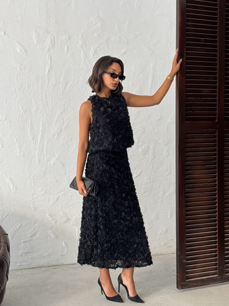 Gül Desenli Tül  Etek - Siyah