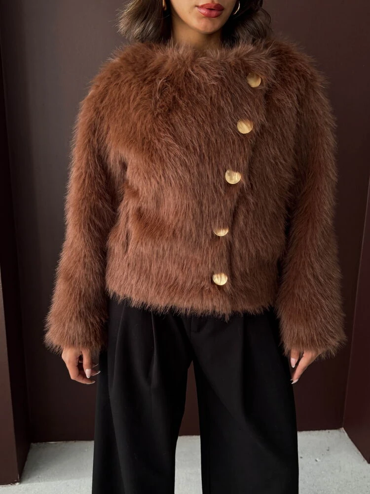 Kadın Vintage Peluş Tüylü Crop Ceket Altın Düğmeli Bisiklet Yaka Kışlık Şık Ceket - Açık Kahve