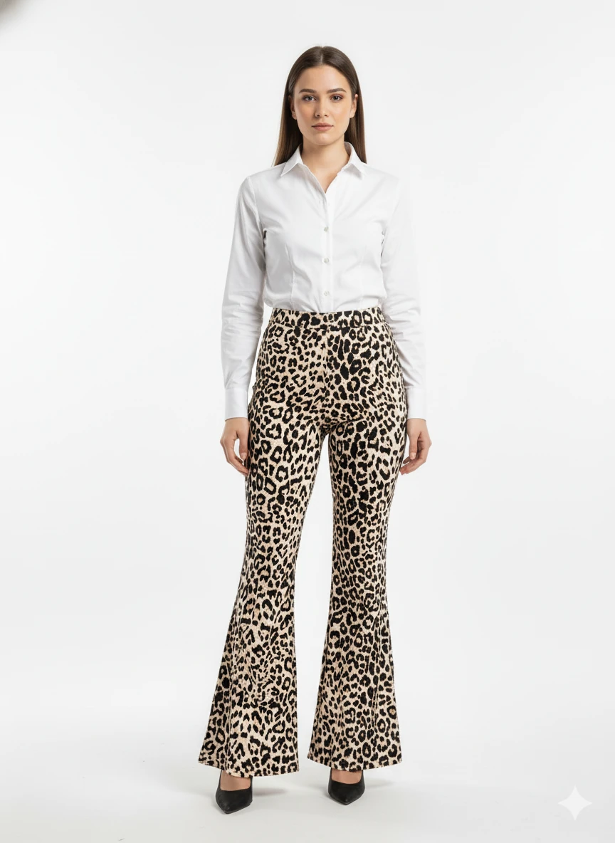 Leopar Desenli Yüksek Bel Geniş Paça Pantolon