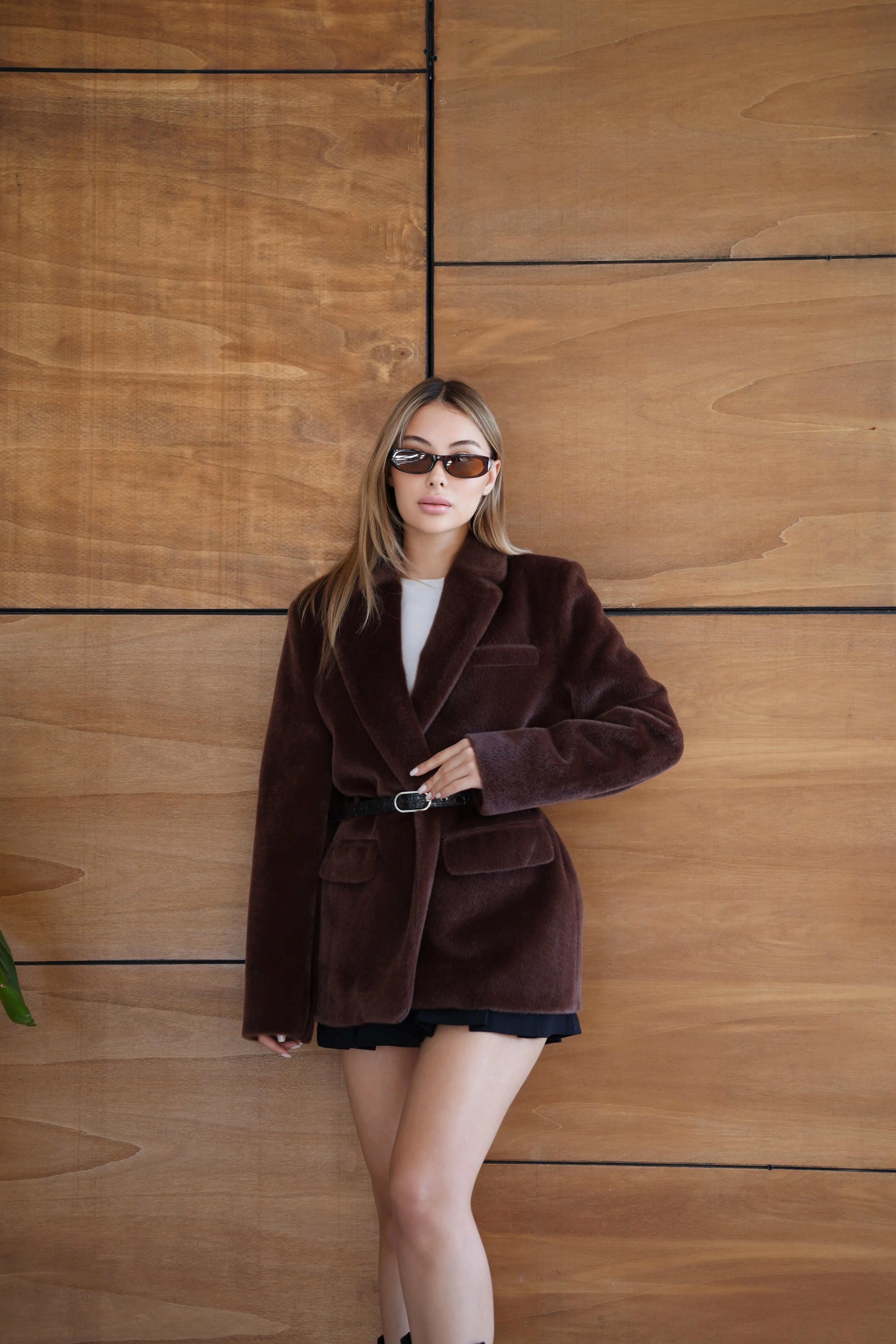 Suni Kürk Uzun Kollu Astarlı Blazer Ceket Kışlık Şık Kadın Peluş Ceket - Kahverengi