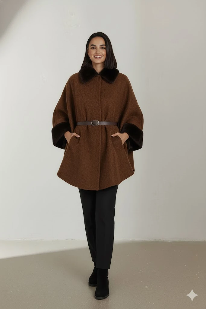 Kadın Kürk Yaka Manşet Detaylı Panço Kaban Kemerli Pelerin Ceket Kaşe - Kahverengi