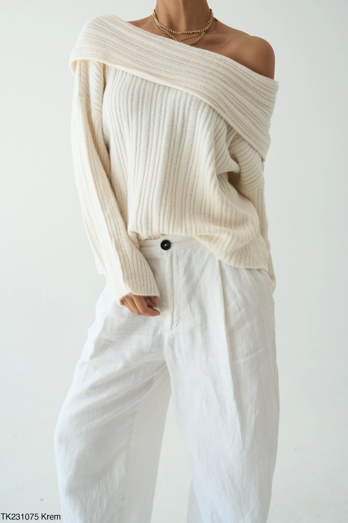 Kadın Omuz Açık Kaburga Örgü Geniş Yaka Büyük Boy Kazak - Ekru
