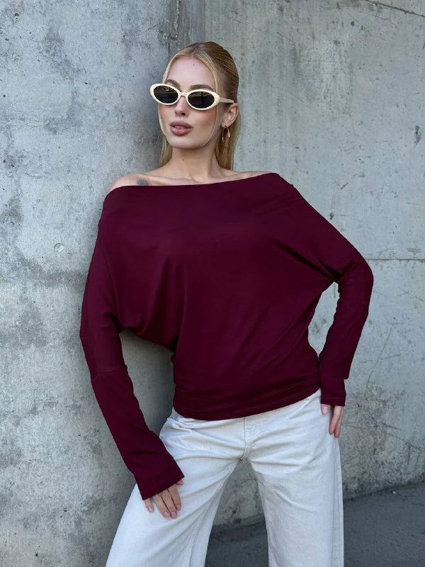 Yarasa Kol Geniş Yaka Siyah Bluz Bol Kesim Likralı Kumaş Düşük Omuz Üst - Bordo