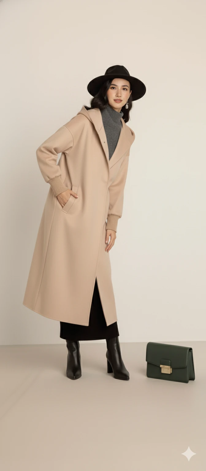 Kadın Oversize Bol Kesim Diz Üstü Siyah Kaban Büyük Cepli Yünlü Kumaş Kapüşon Detaylı - Bej