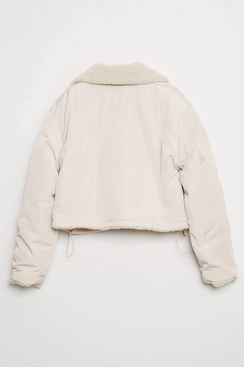 Cemo Düğmeli Kuzu Kürk Yakalı Kısa Ceket Açık Bej