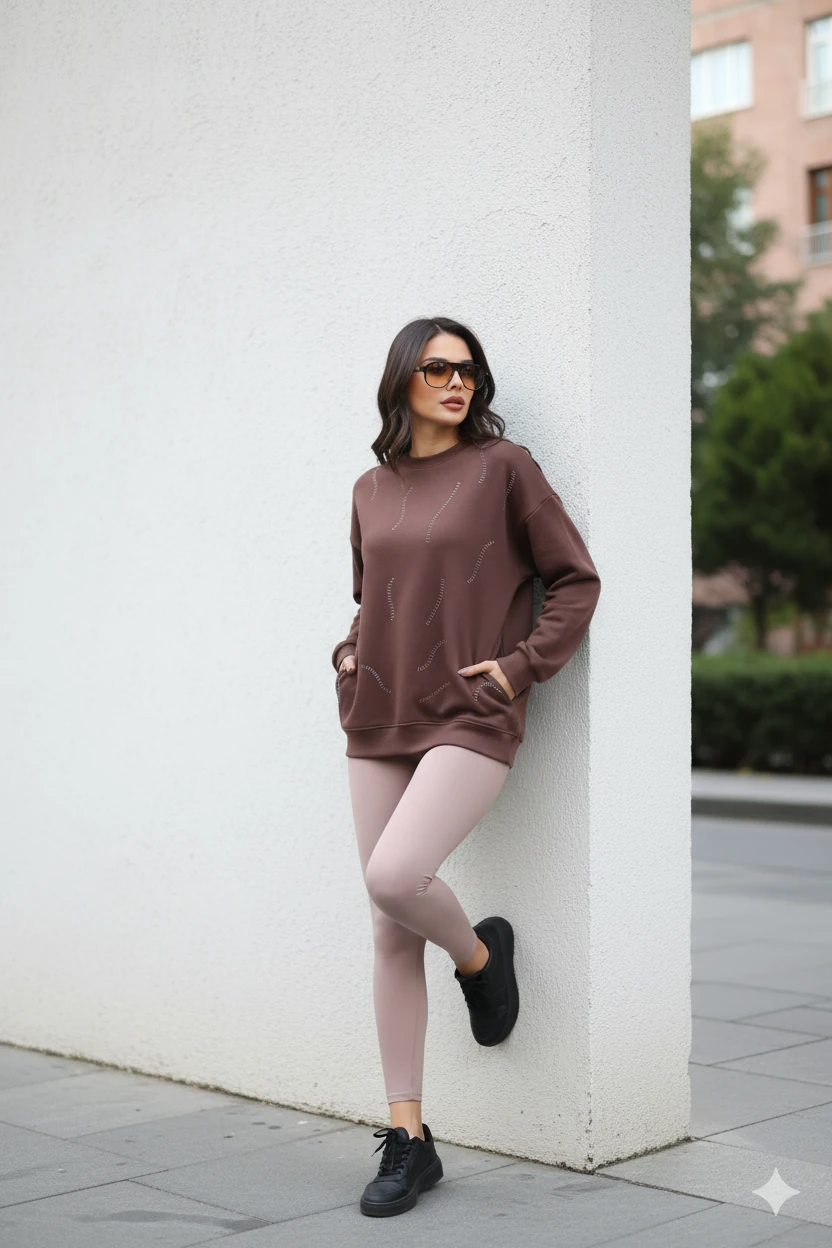 Cemo Günlük Uzun Kollu Bisiklet Yaka Basic Bluz/Sweatshirt - Kahverengi