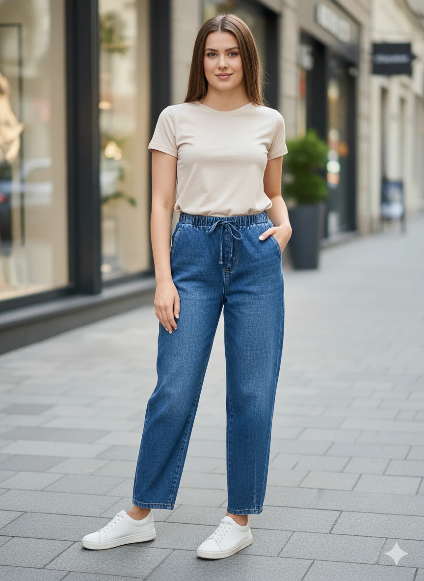 Kadın Beli Lastikli Kot Pantolon Bağcıklı Jogger Model Rahat Kesim Mavi Denim Jean