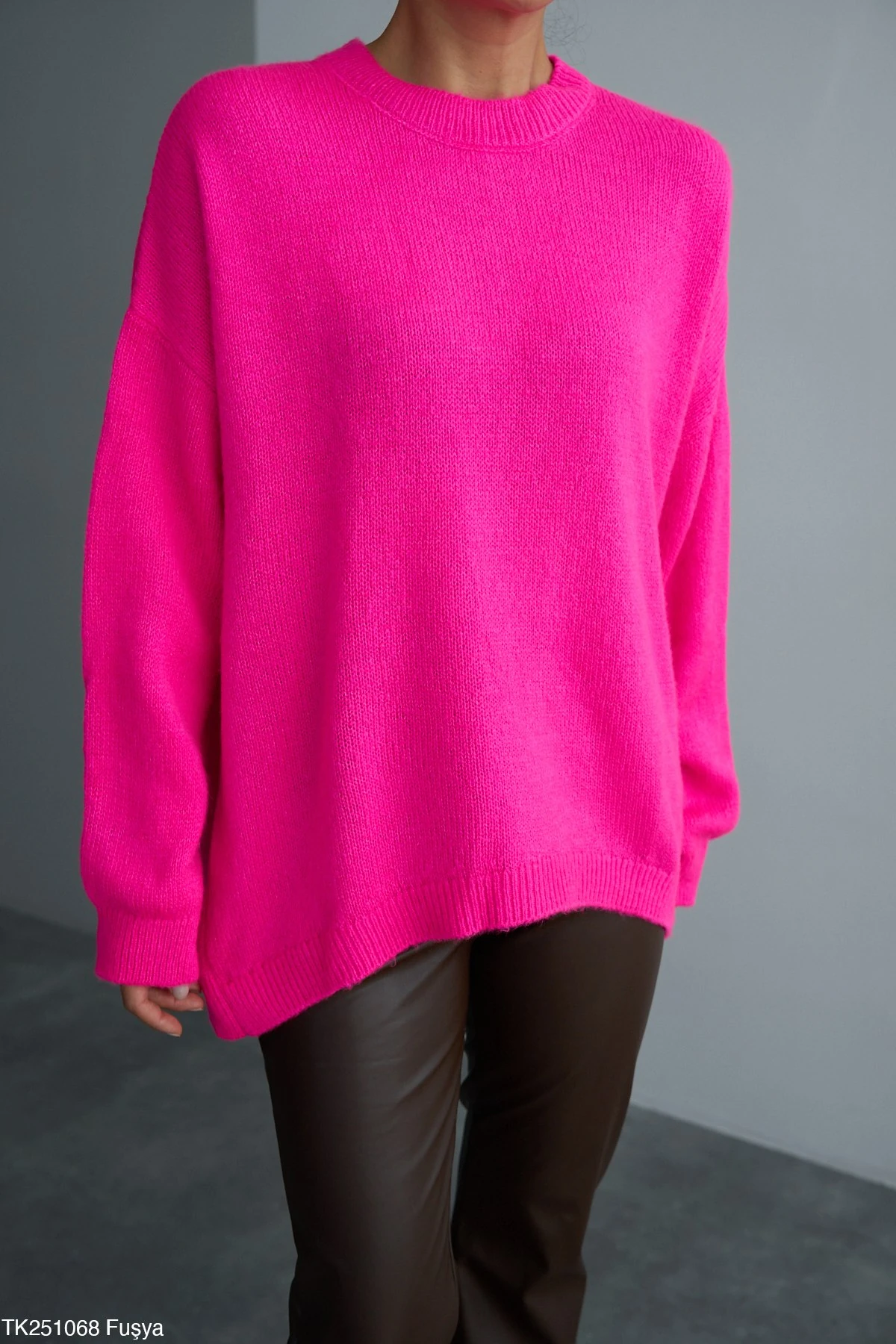 Bisiklet Yaka Oversize Triko Kazak - Koyu Pembe