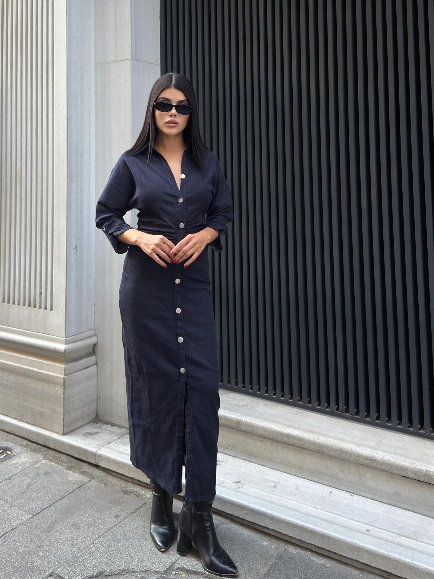 BELİ BÜZGÜLÜ KOT ELBİSE